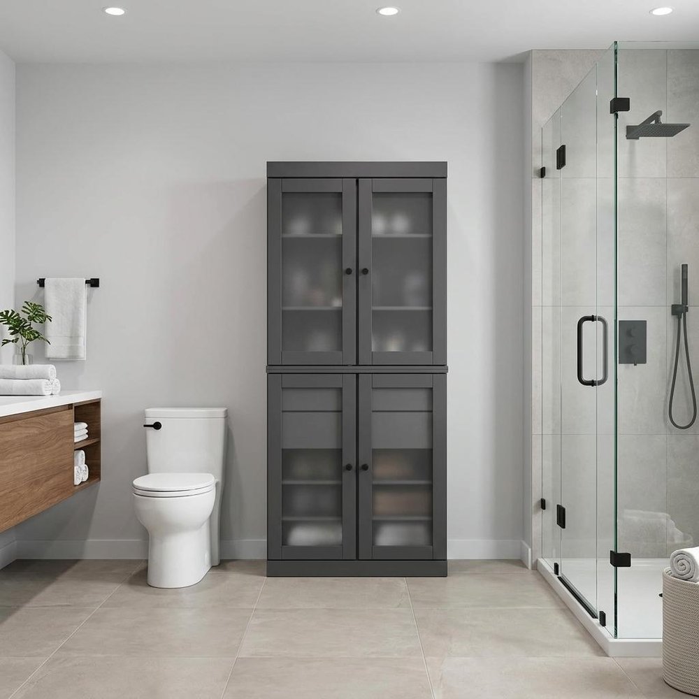 32" Gray Solid Wood Glass Panel Inlay Double Door Linen Cabinet