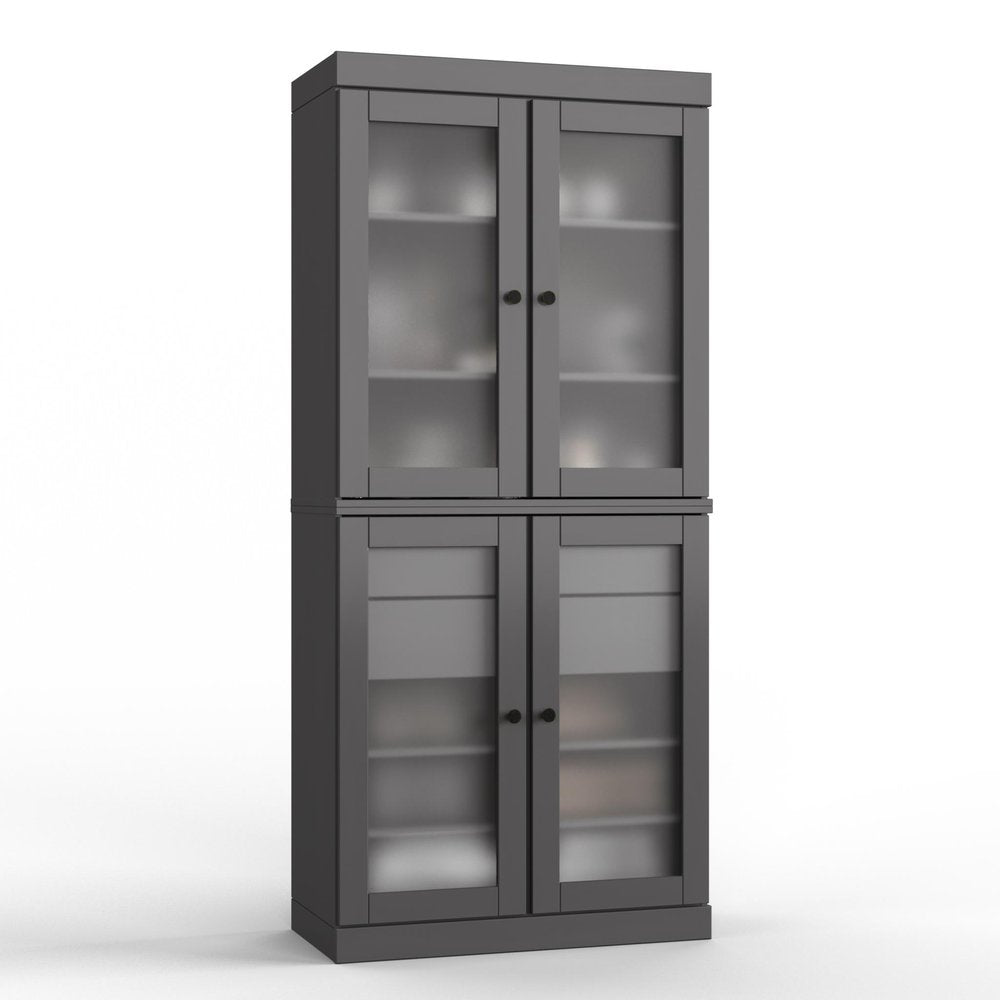 32" Gray Solid Wood Glass Panel Inlay Double Door Linen Cabinet