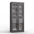 32" Gray Solid Wood Glass Panel Inlay Double Door Linen Cabinet. Bathroom storage isolated on a plain white background, showing a gray wood surface.