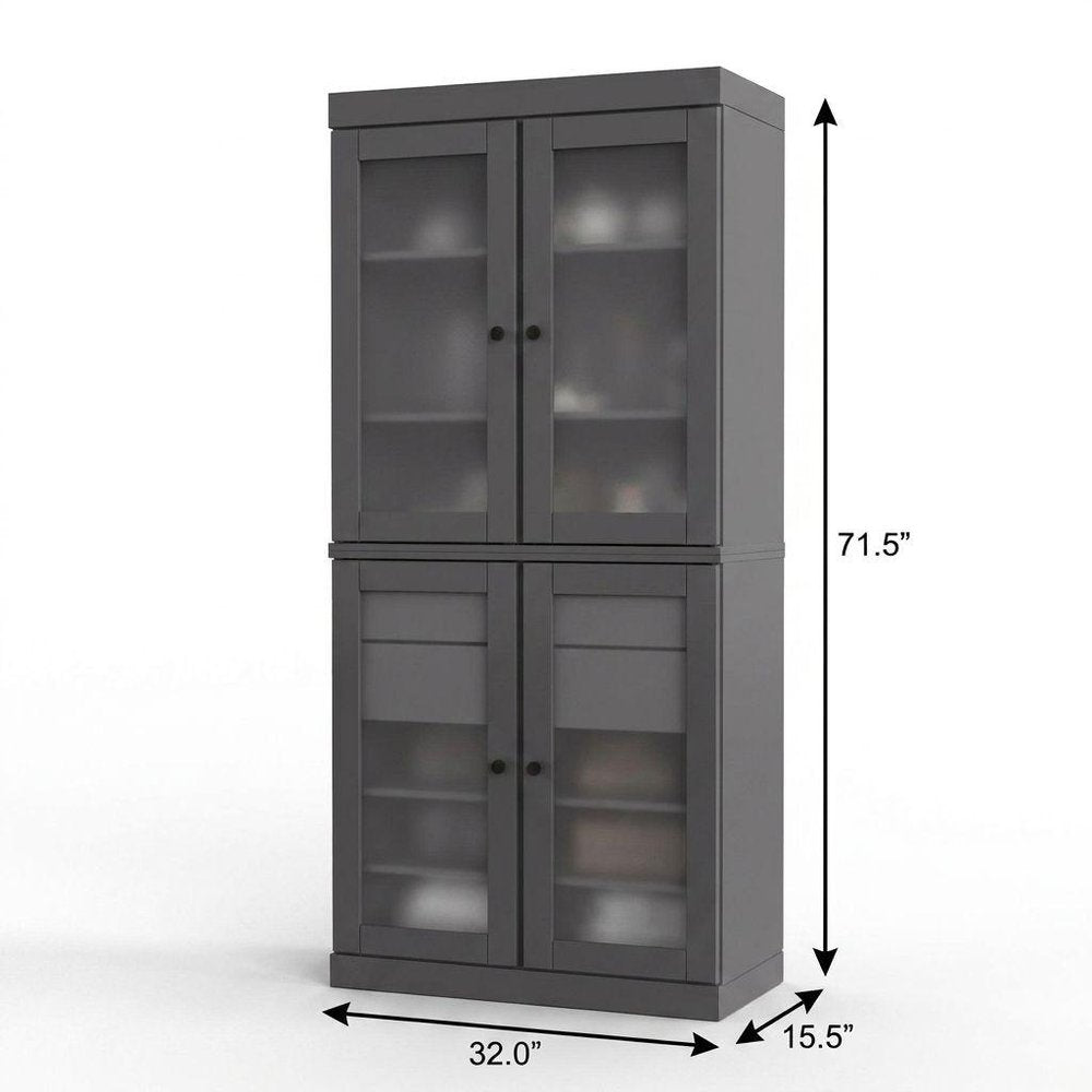32" Gray Solid Wood Glass Panel Inlay Double Door Linen Cabinet