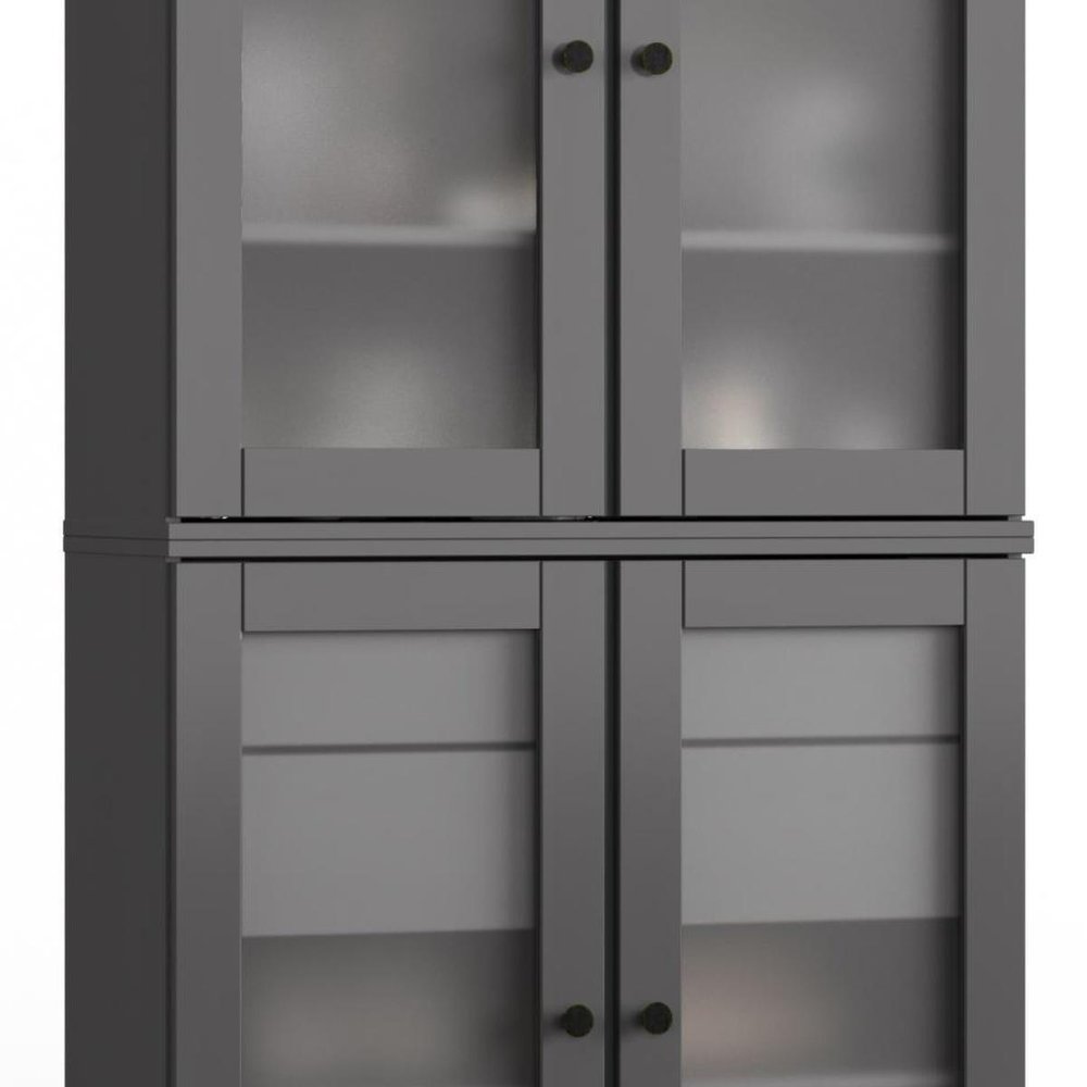 32" Gray Solid Wood Glass Panel Inlay Double Door Linen Cabinet