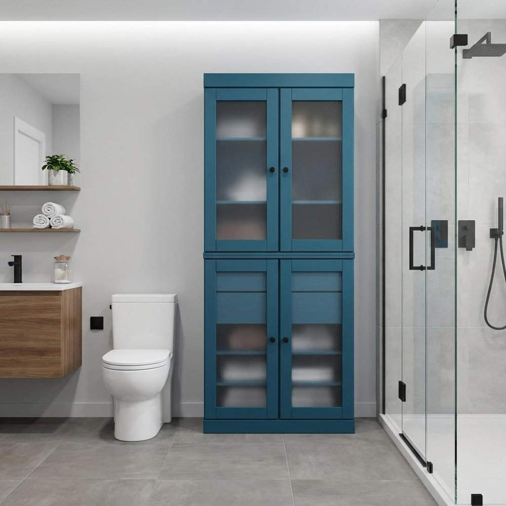 32" Teal Blue Solid Wood Glass Panel Inlay Double Door Linen Cabinet