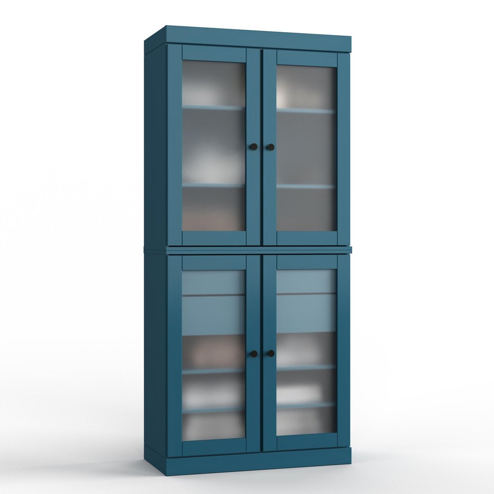 32" Teal Blue Solid Wood Glass Panel Inlay Double Door Linen Cabinet