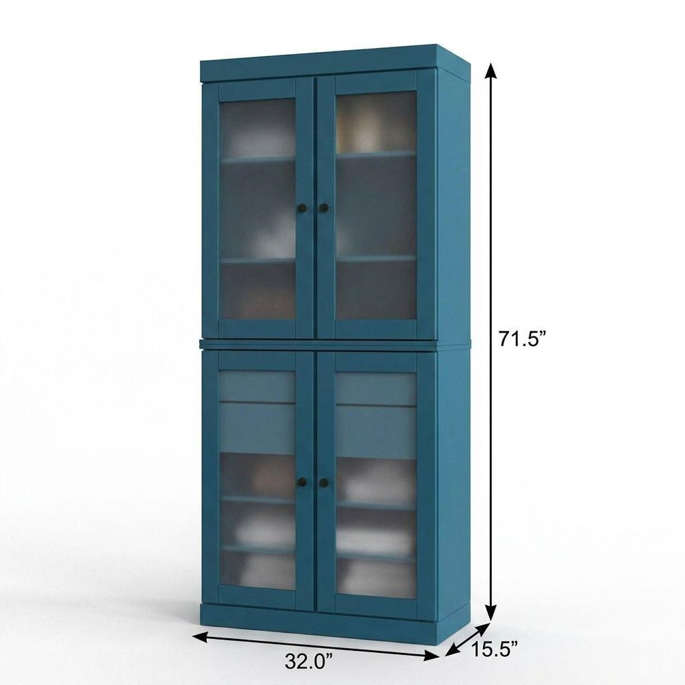 32" Teal Blue Solid Wood Glass Panel Inlay Double Door Linen Cabinet