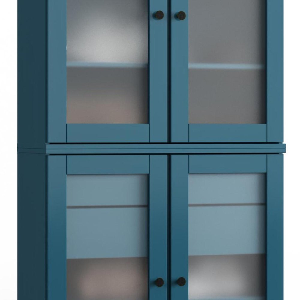 32" Teal Blue Solid Wood Glass Panel Inlay Double Door Linen Cabinet