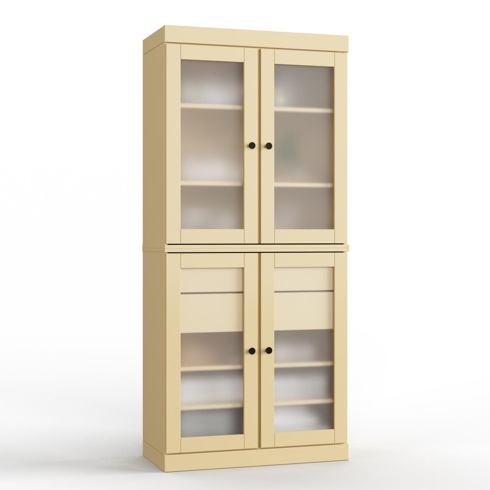 32" Yellow Solid Wood Glass Panel Inlay Double Door Linen Cabinet