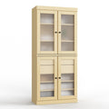 32" Yellow Solid Wood Glass Panel Inlay Double Door Linen Cabinet. Bathroom storage isolated on a plain white background, finished in yellow wood.