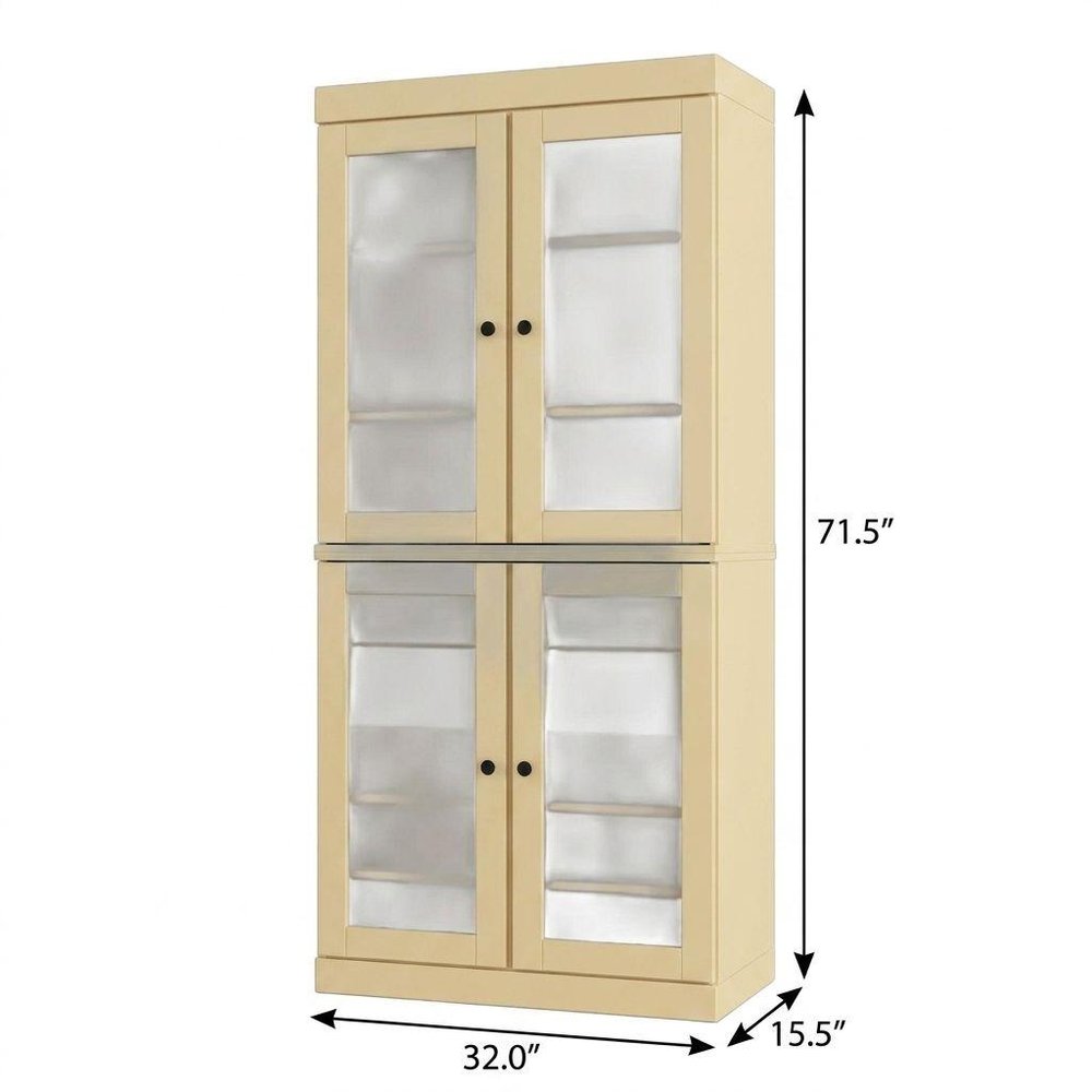 32" Yellow Solid Wood Glass Panel Inlay Double Door Linen Cabinet