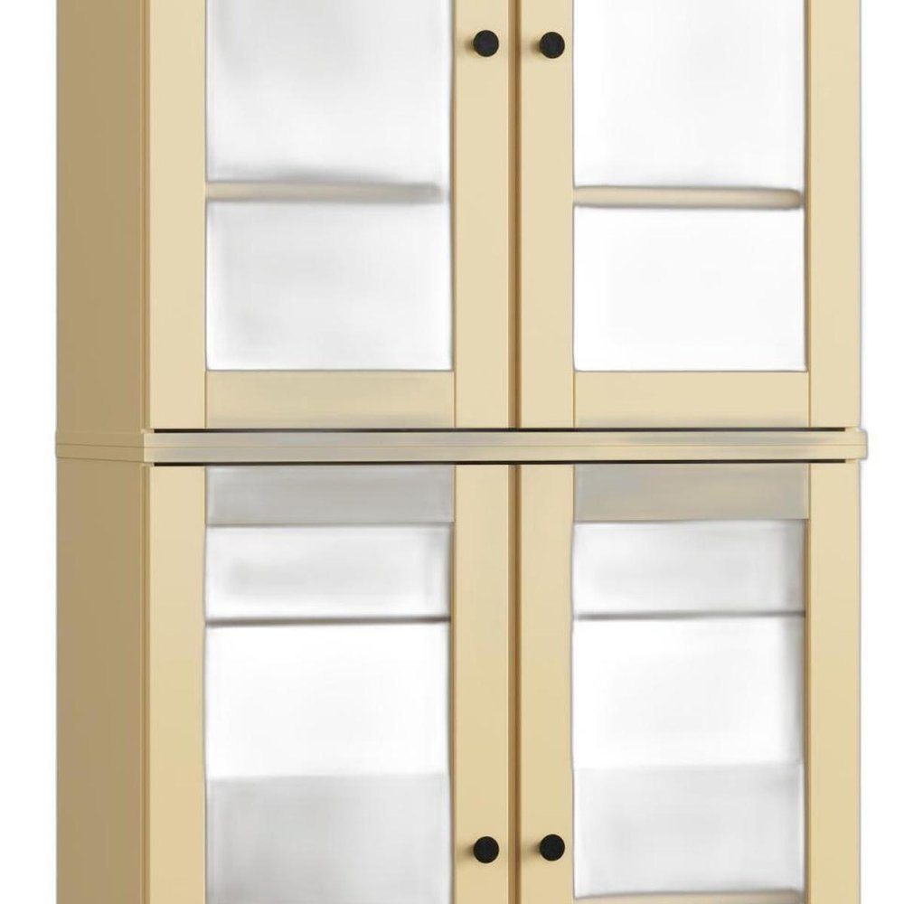 32" Yellow Solid Wood Glass Panel Inlay Double Door Linen Cabinet