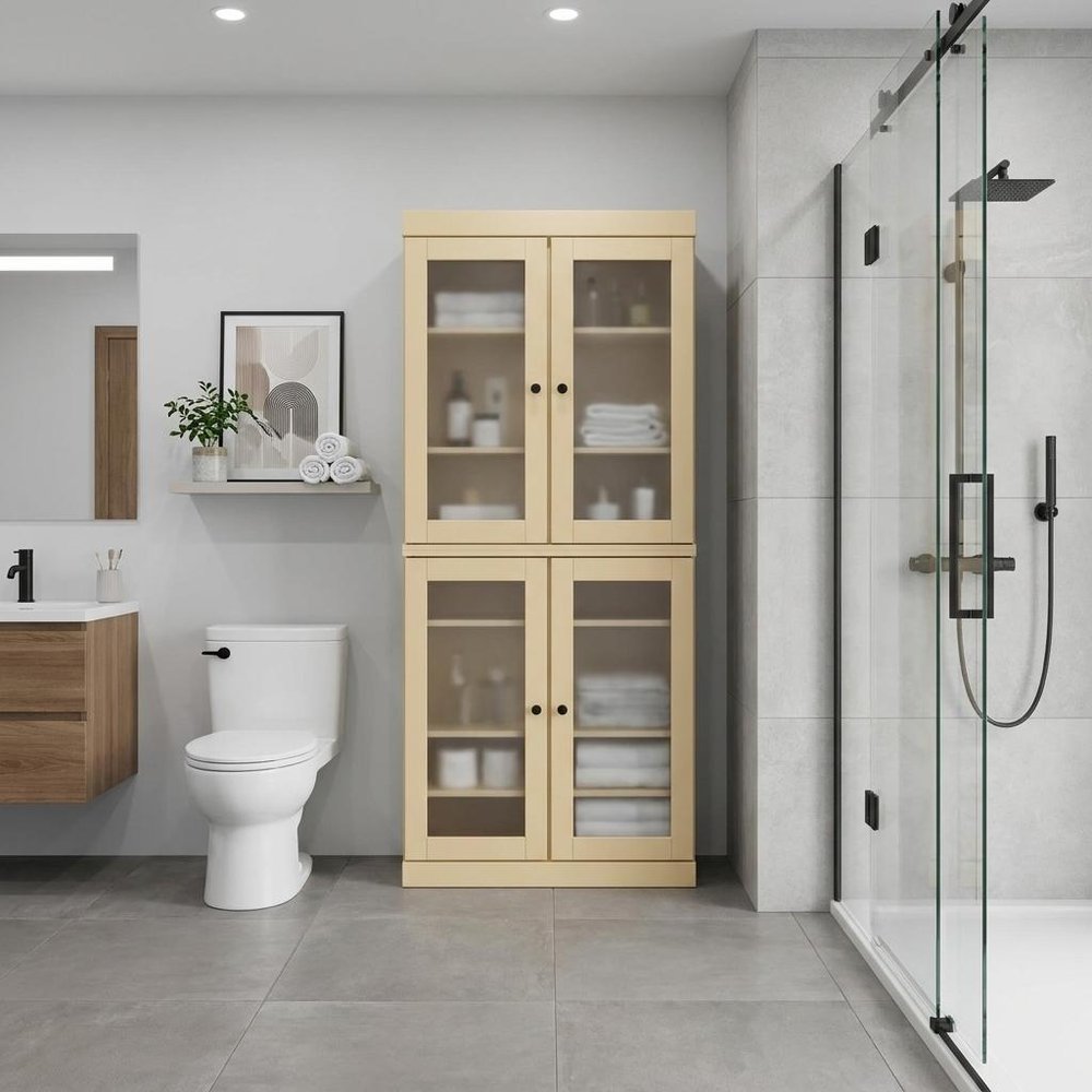 32" Yellow Solid Wood Glass Panel Inlay Double Door Linen Cabinet.