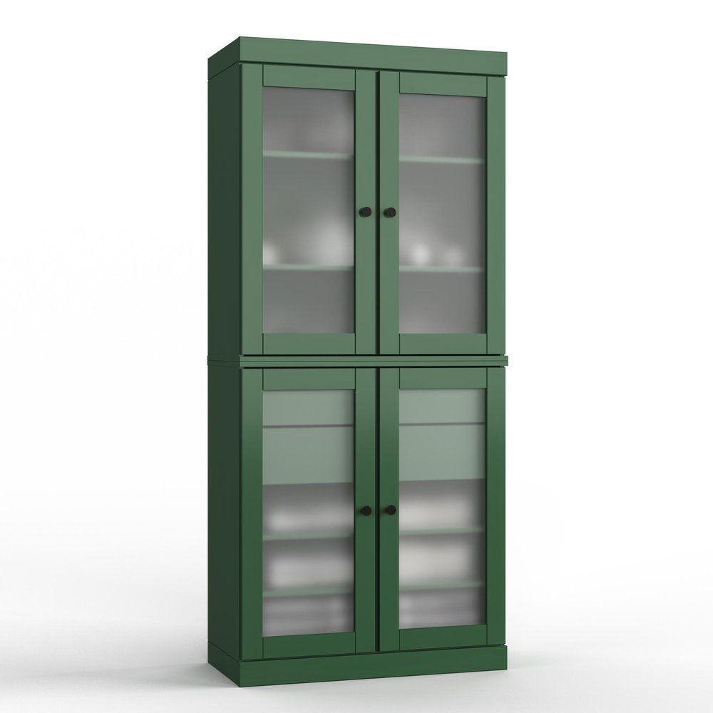 32" Green Solid Wood Glass Panel Inlay Double Door Linen Cabinet