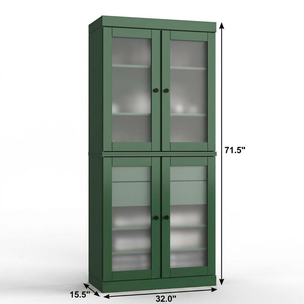 32" Green Solid Wood Glass Panel Inlay Double Door Linen Cabinet