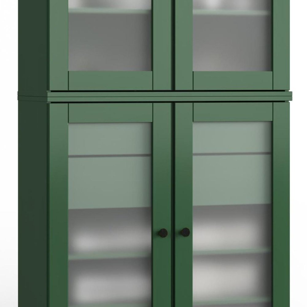 32" Green Solid Wood Glass Panel Inlay Double Door Linen Cabinet