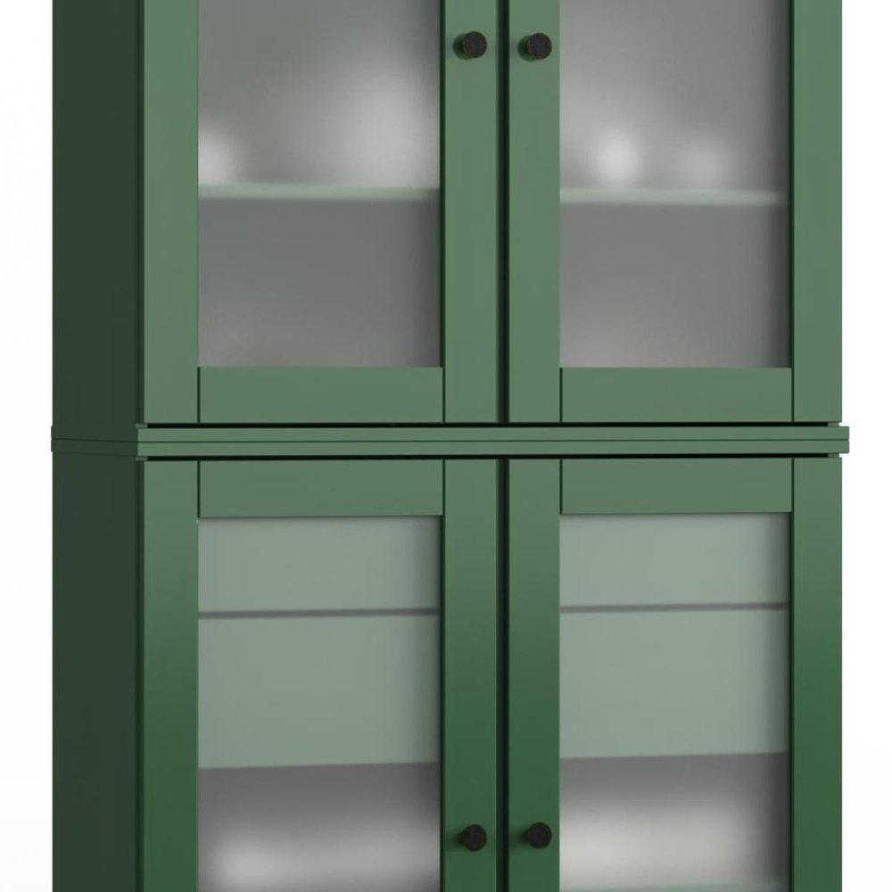32" Green Solid Wood Glass Panel Inlay Double Door Linen Cabinet