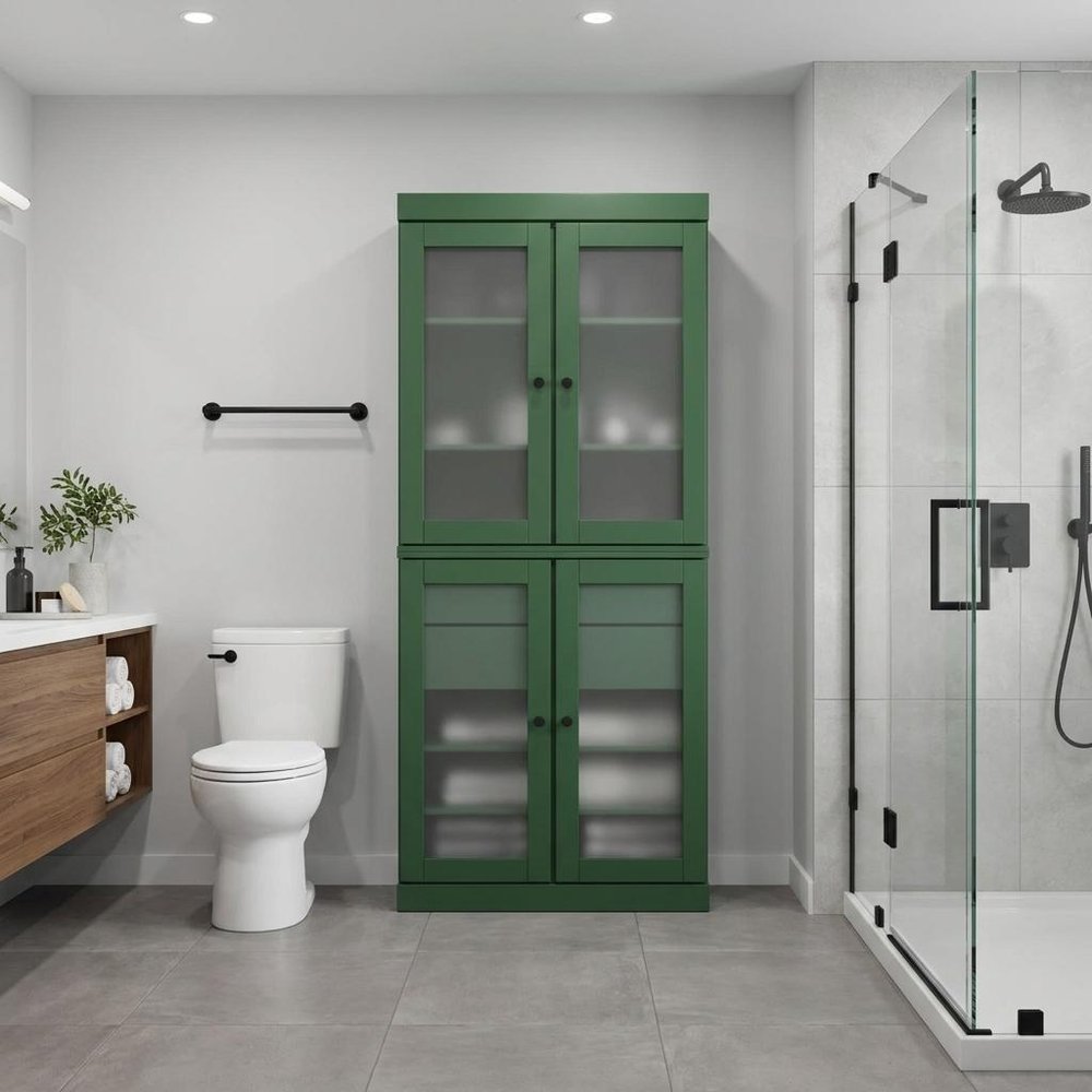 32" Green Solid Wood Glass Panel Inlay Double Door Linen Cabinet