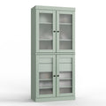 32" Sage Solid Wood Glass Panel Inlay Double Door Linen Cabinet. Bathroom storage isolated on a plain white background, showing a wood surface.