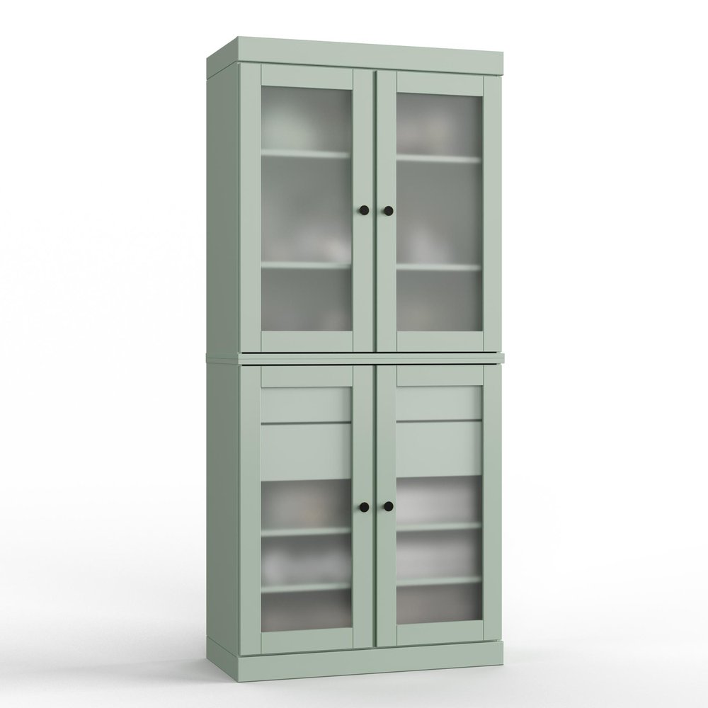 32" Sage Solid Wood Glass Panel Inlay Double Door Linen Cabinet