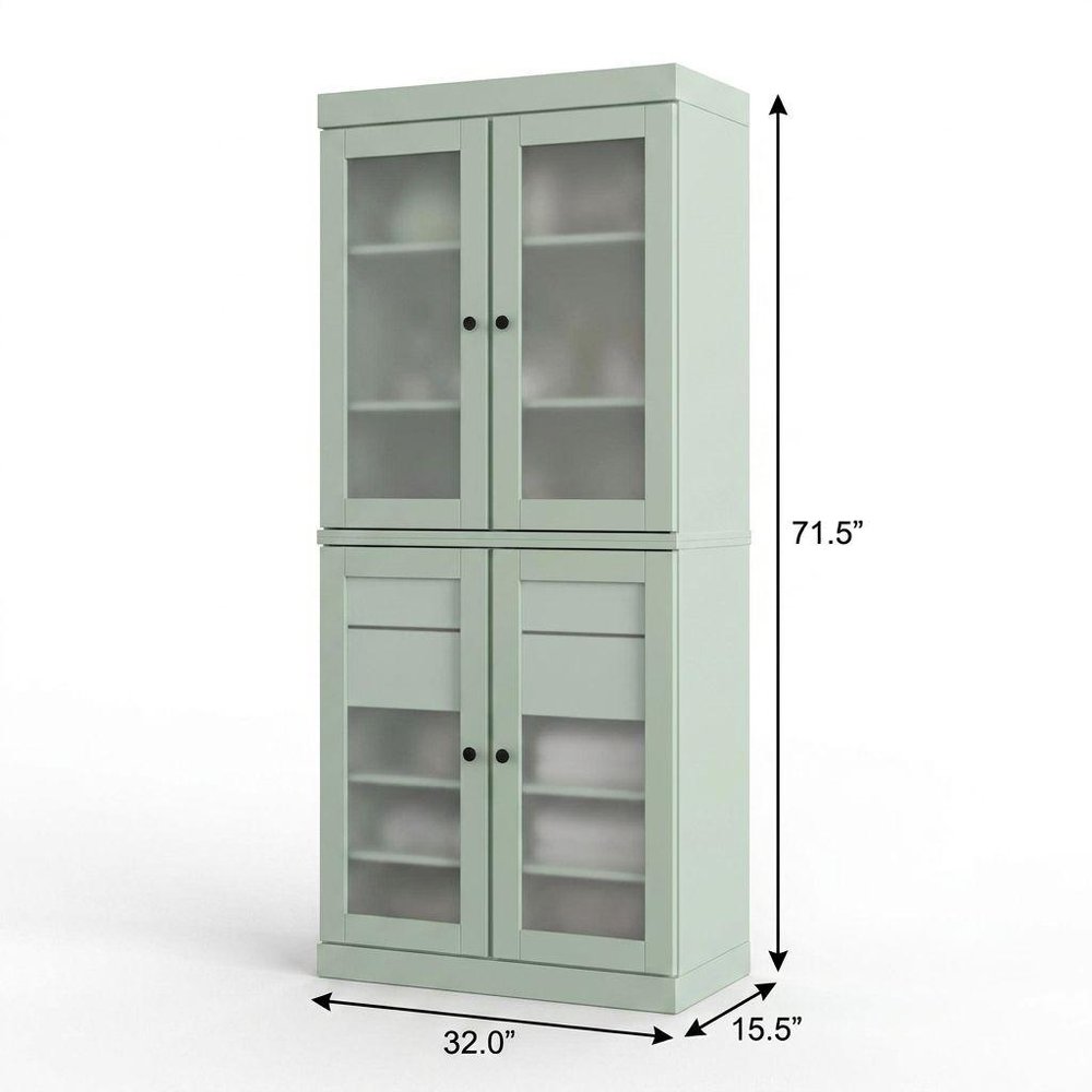 32" Sage Solid Wood Glass Panel Inlay Double Door Linen Cabinet