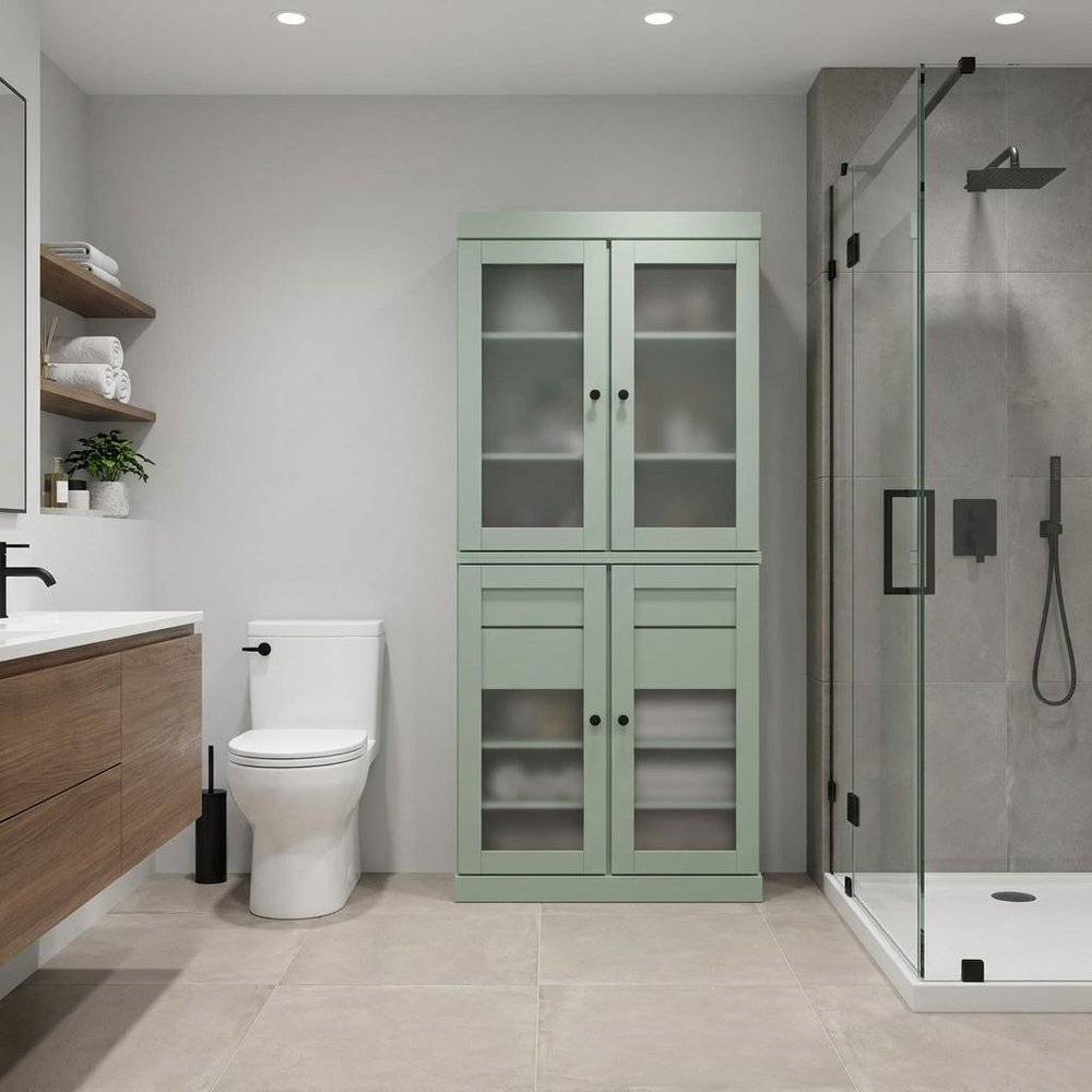 32" Sage Solid Wood Glass Panel Inlay Double Door Linen Cabinet