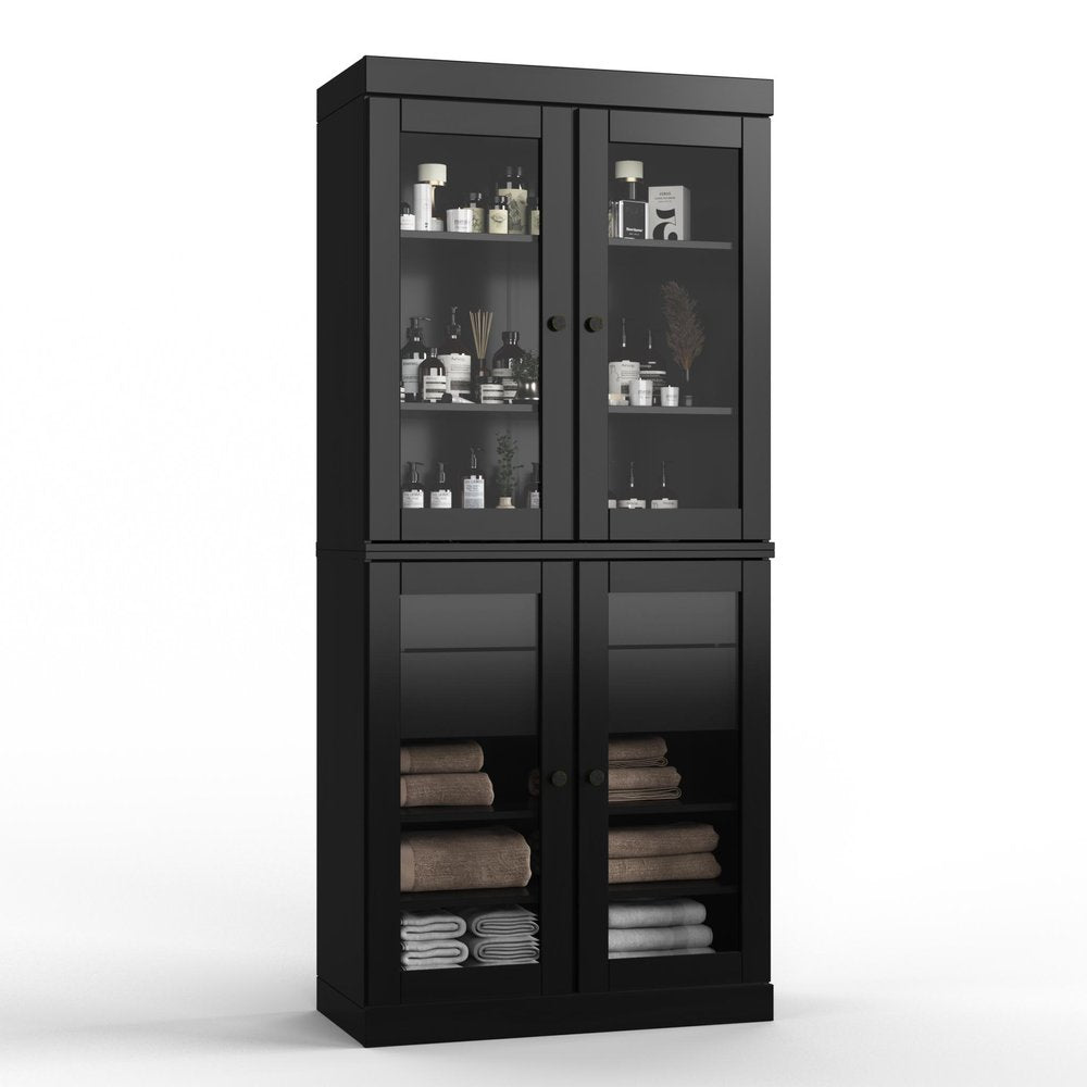 32" Black Solid Wood Glass Panel Inlay Double Door Linen Cabinet