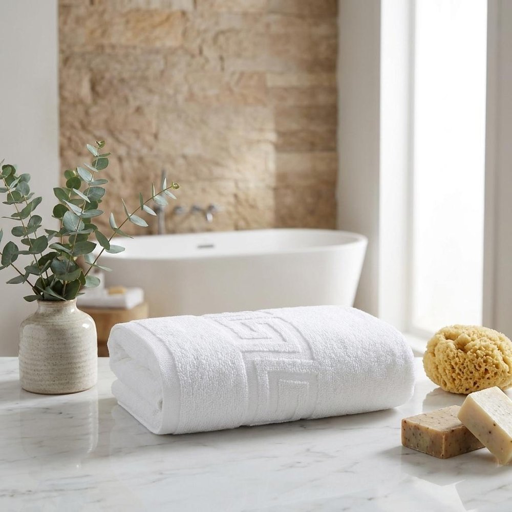 White Greek Key Turkish Cotton 30" X 16" Hand Towel on a white background