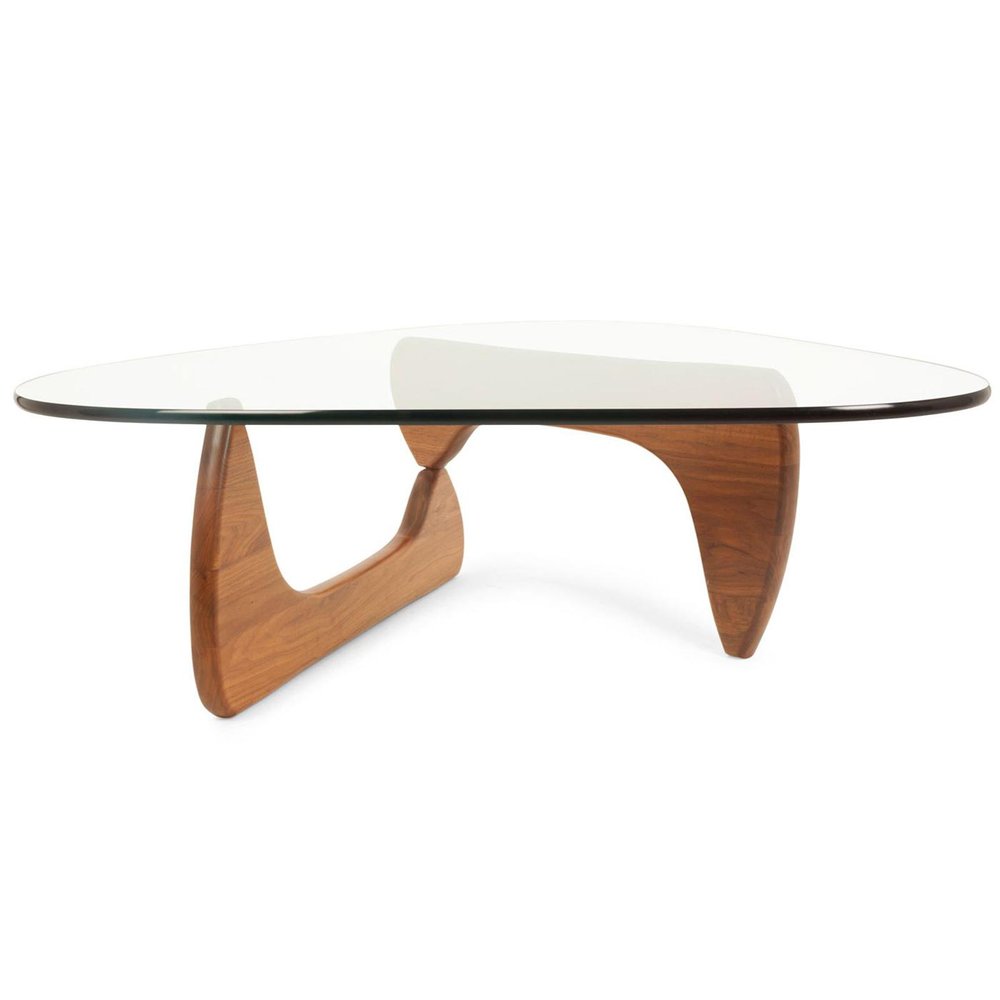 50" Clear and Walnut Glass and Solid Wood Triangle Sled Coffee Table