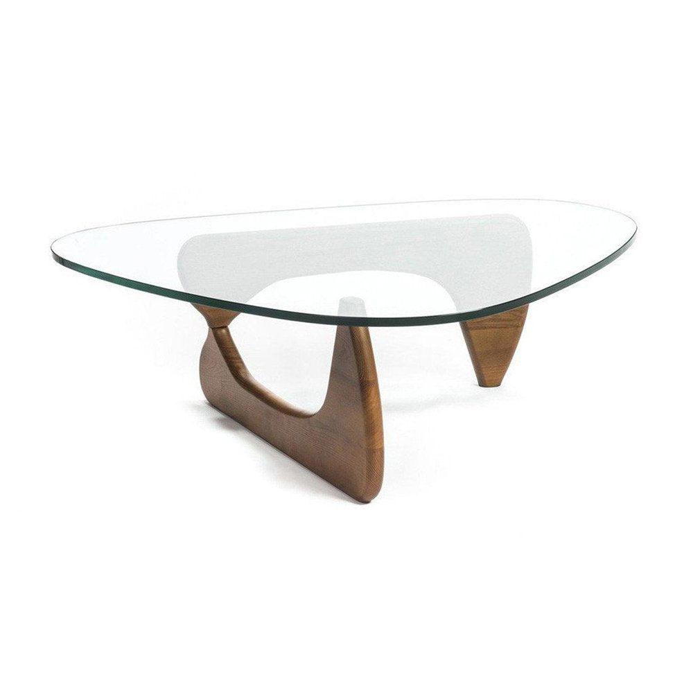 50" Clear and Walnut Glass and Solid Wood Triangle Sled Coffee Table