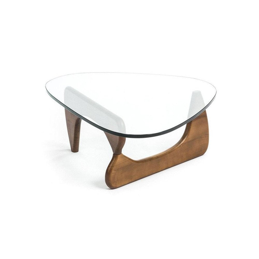 50" Clear and Walnut Glass and Solid Wood Triangle Sled Coffee Table