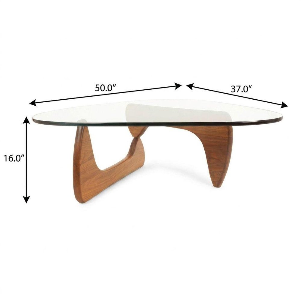 50" Clear and Walnut Glass and Solid Wood Triangle Sled Coffee Table