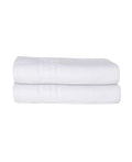 Set of Two White Greek Key Turkish Cotton 54" X 27" Bath Towels on a white background