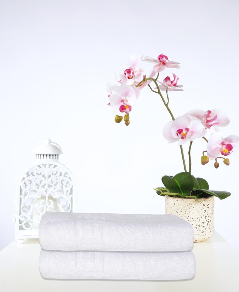 Set of Two White Greek Key Turkish Cotton 54" X 27" Bath Towels