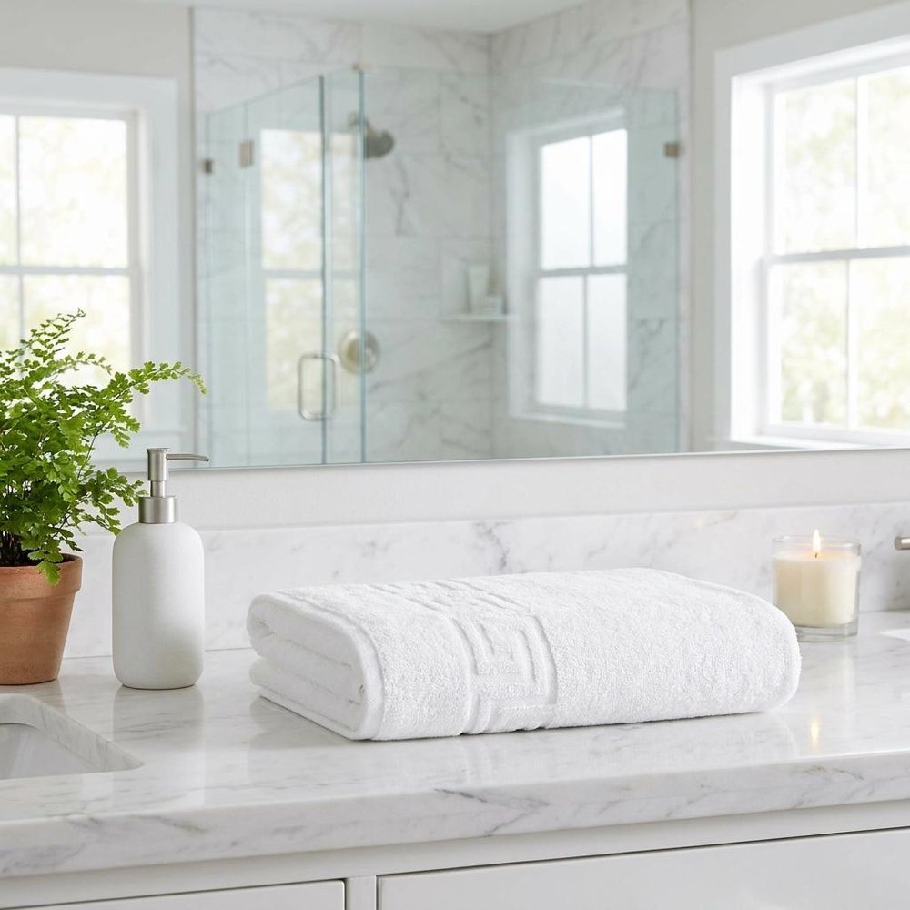 Set of Two White Greek Key Turkish Cotton 54" X 27" Bath Towels