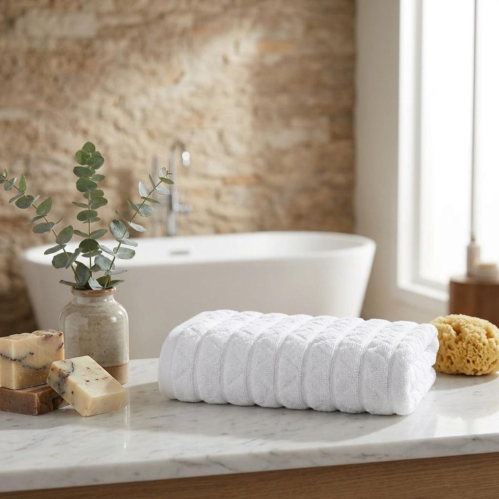 Set of Two White Geometric Turkish Cotton 54" X 27" Hand Towels