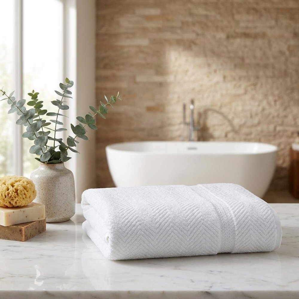 Set of Two White Chevron Turkish Cotton 70" X 40" Bath Sheet