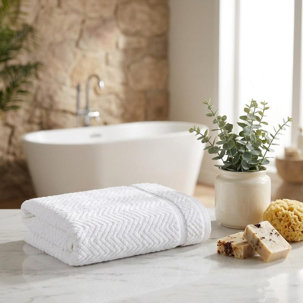 White chevron Turkish cotton hand towels folded on a marble countertop with a bathtub and plants in the background.