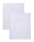 Set of Two White Greek Key Turkish Cotton 60" X 40" Bath Sheet on a white background