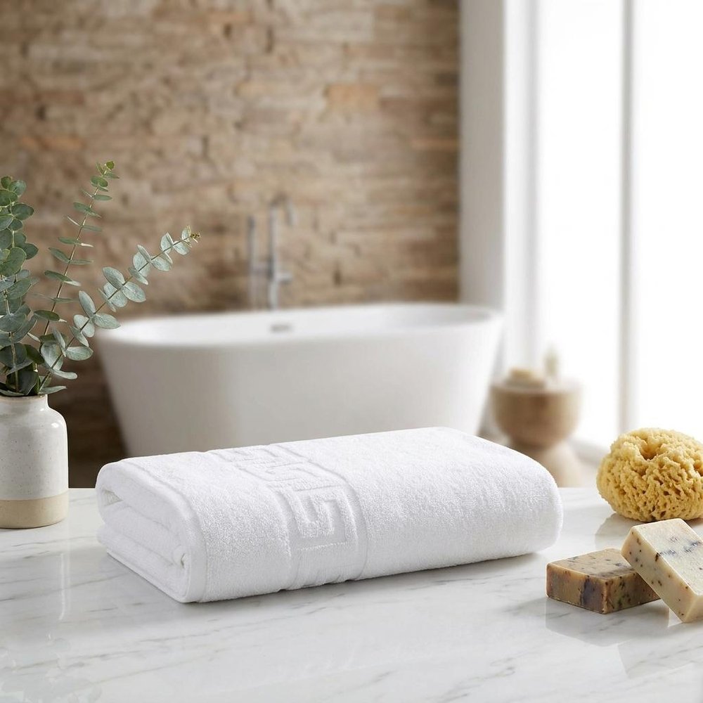 Set of Two White Greek Key Turkish Cotton 60" X 40" Bath Sheet