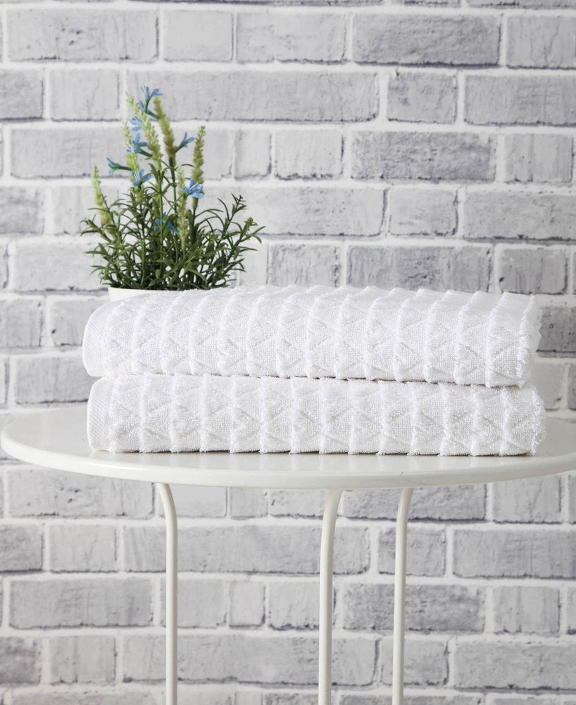 Set of Two White Geometric Turkish Cotton 27" X 54" Bath Towels