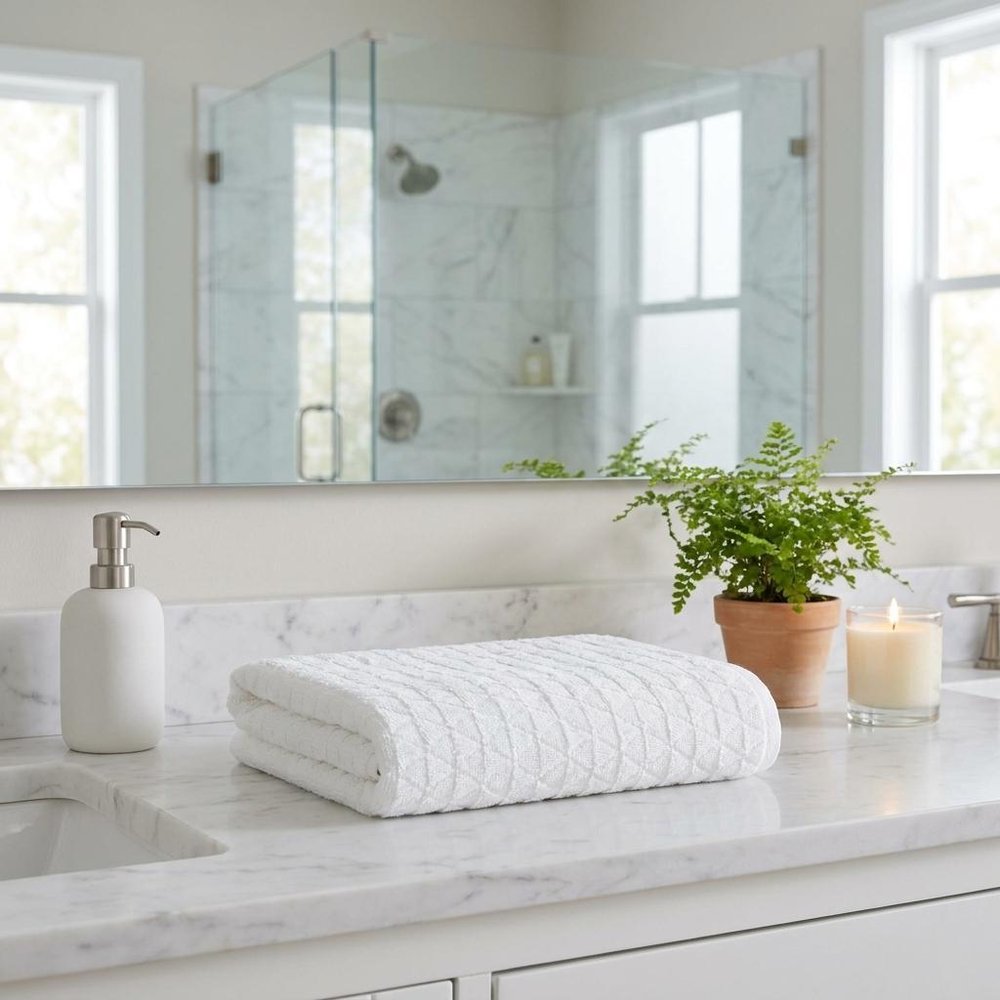 Set of Two White Geometric Turkish Cotton 54" X 27" Bath Towels on a white background