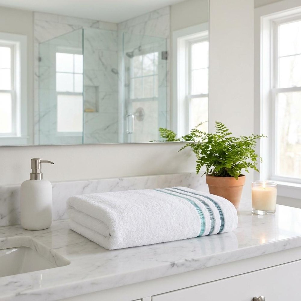 Set of Two White Turkish Cotton 54" X 27" Bath Towels close-up detail