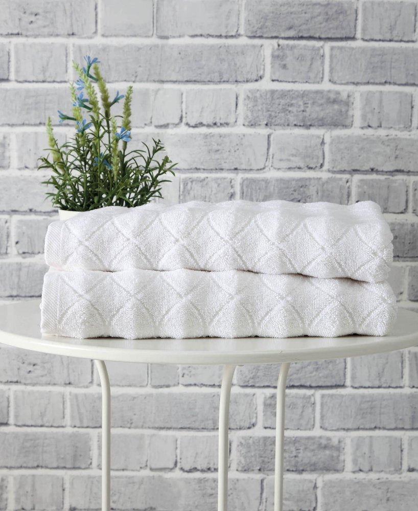 Set of Two White Geometric Turkish Cotton 54" X 27" Bath Towels
