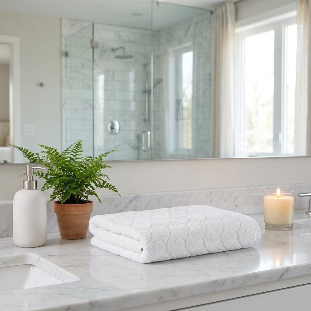 Set of Two White Geometric Turkish Cotton 54" X 27" Bath Towels