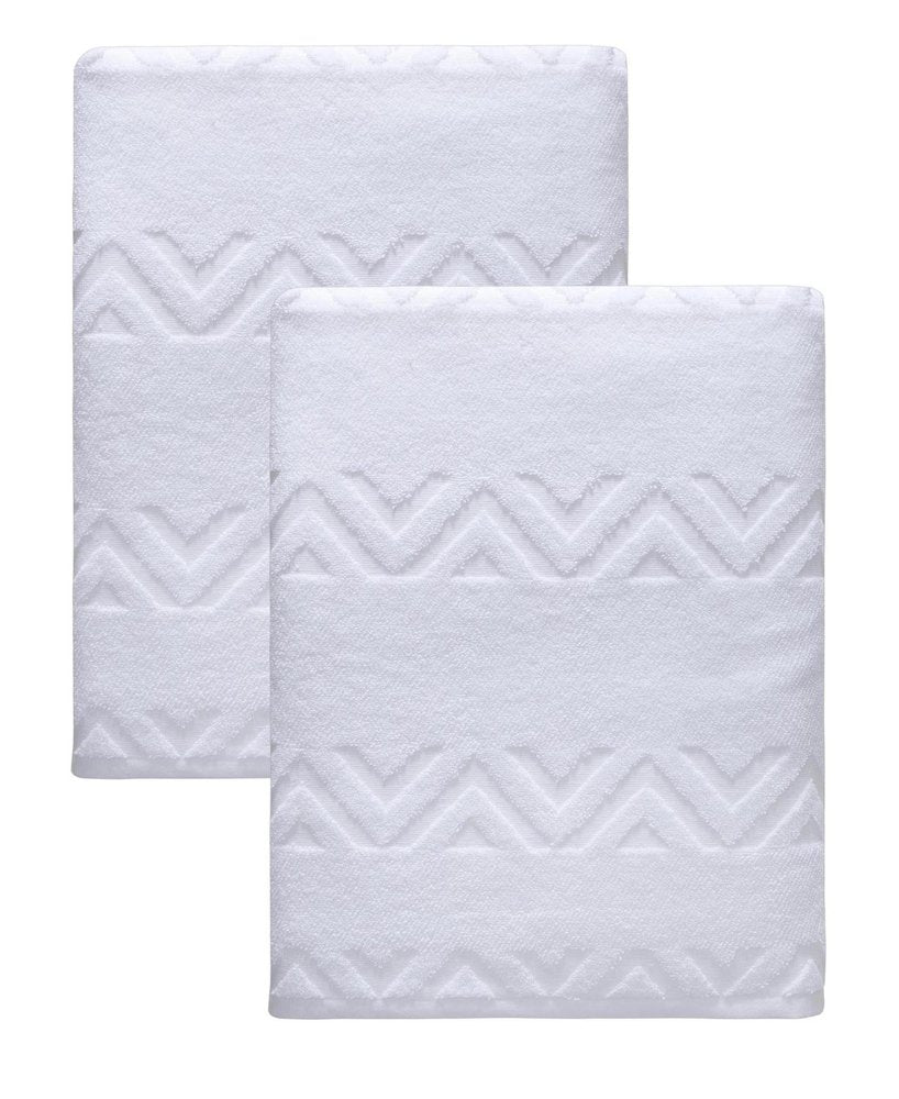 Set of Two White Geometric Turkish Cotton 70" X 40" Bath Sheet