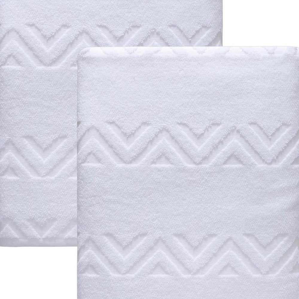 Set of Two White Geometric Turkish Cotton 70" X 40" Bath Sheet