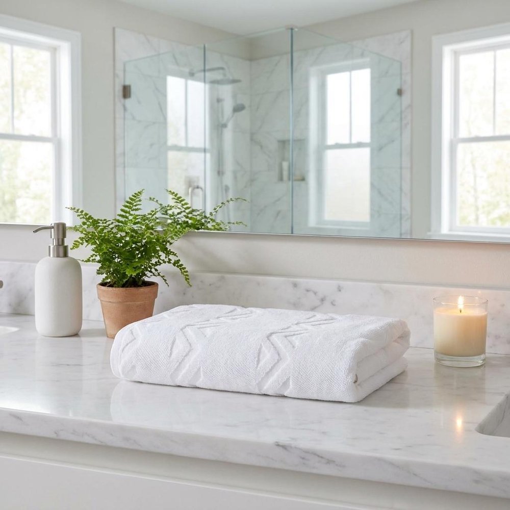 Set of Two White Geometric Turkish Cotton 70" X 40" Bath Sheet