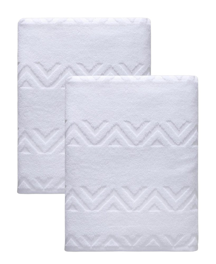 Set of Two White Geometric Turkish Cotton 54" X 27" Bath Towels