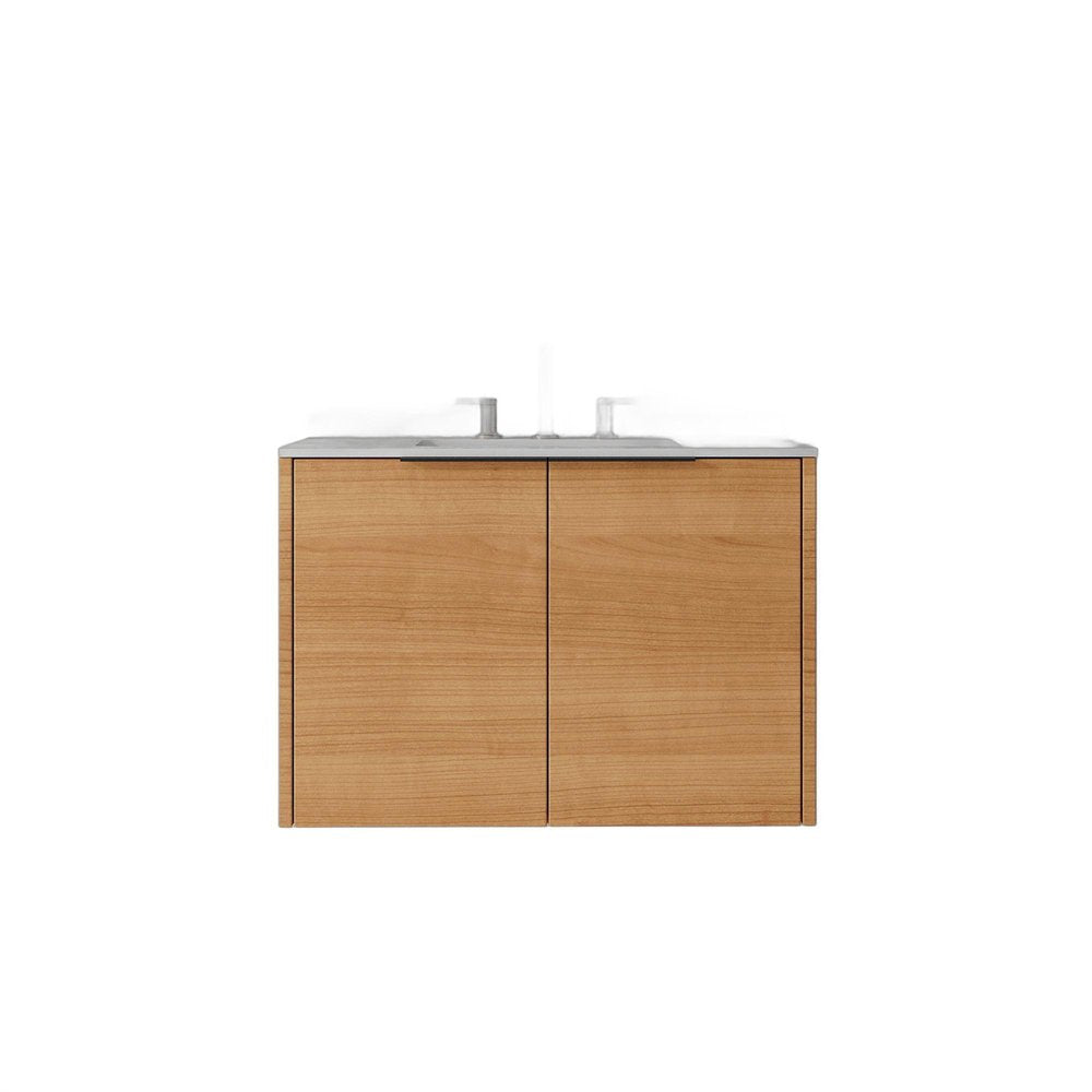 30" Brown Wood Floating Double Door Bathroom Vanity With White Sink