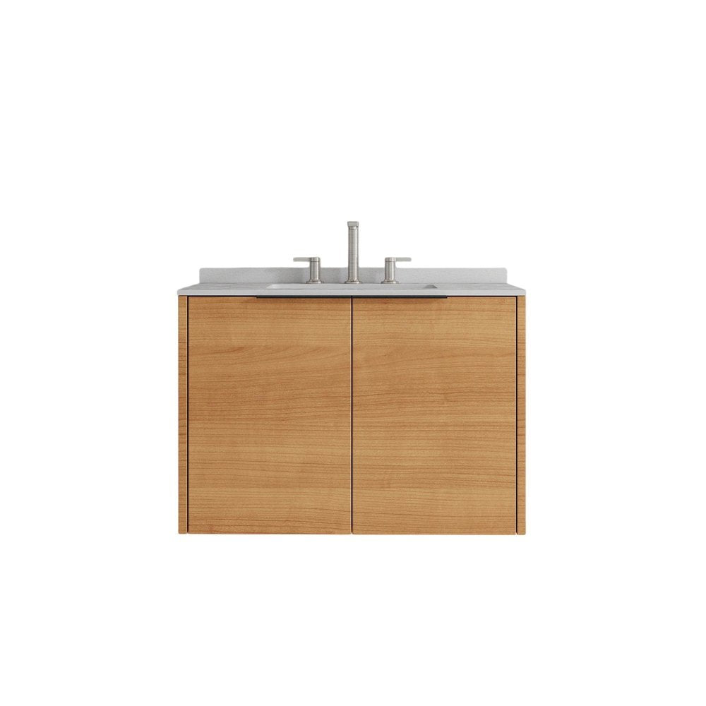 30" Brown Wood Floating Double Door Bathroom Vanity With White Sink