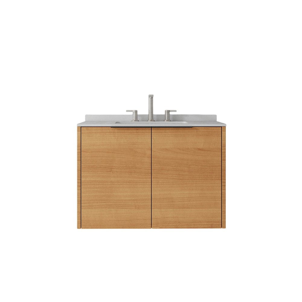 30" Brown Wood Floating Double Door Bathroom Vanity With White Sink