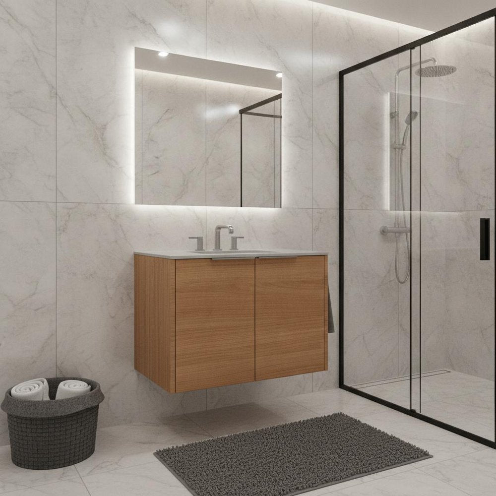 30" Brown Wood Floating Double Door Bathroom Vanity With White Sink